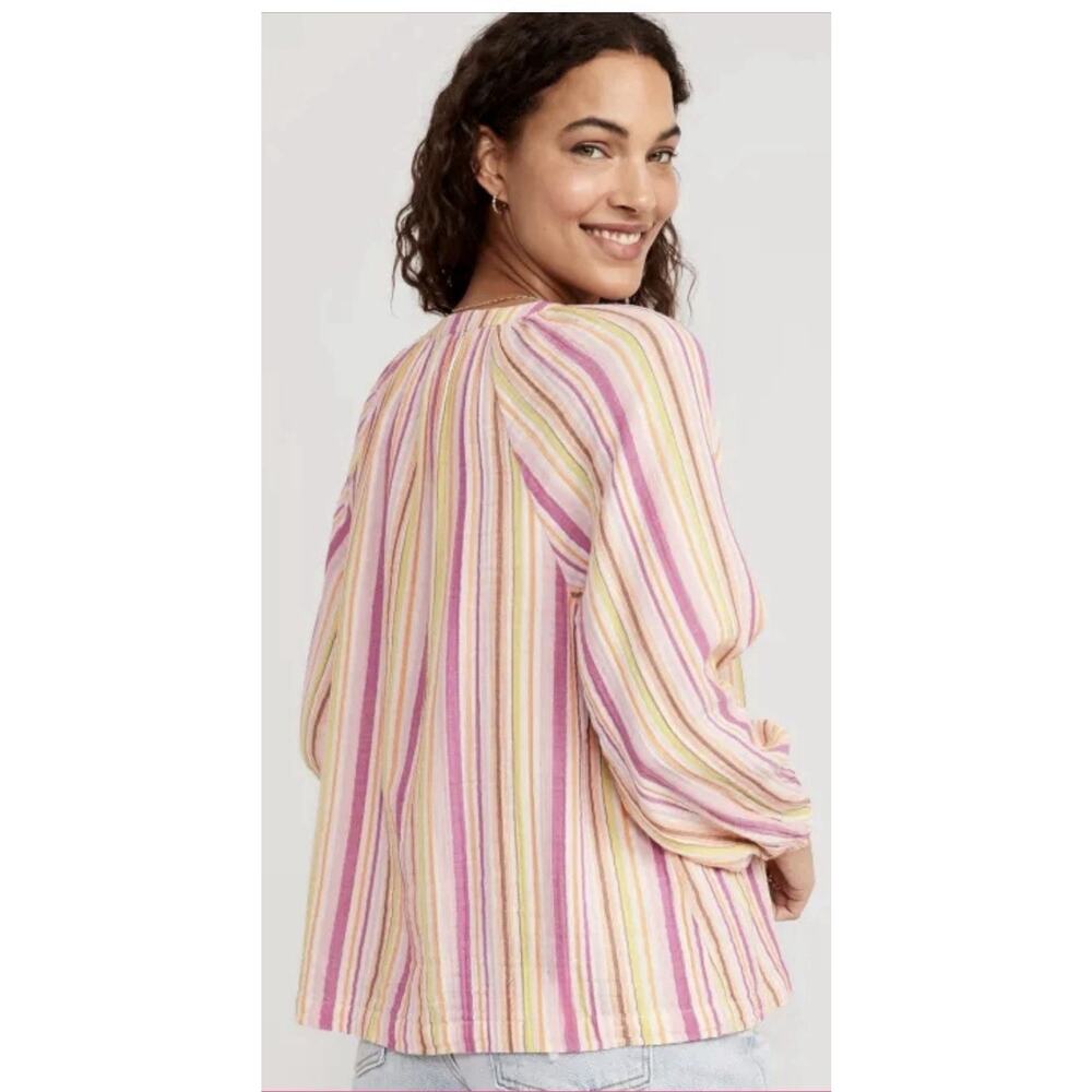 Old Navy Popover Blouse Pink Multi-Stripe Cotton Gauze LS Top Split Neck Large - Picture 2 of 13